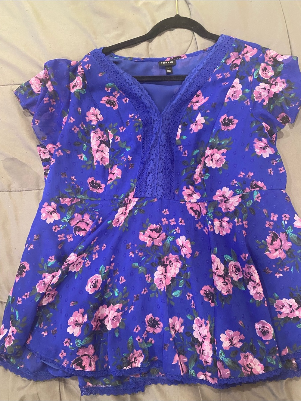 torrid Blue Floral Lace-Trim Peplum Blouse